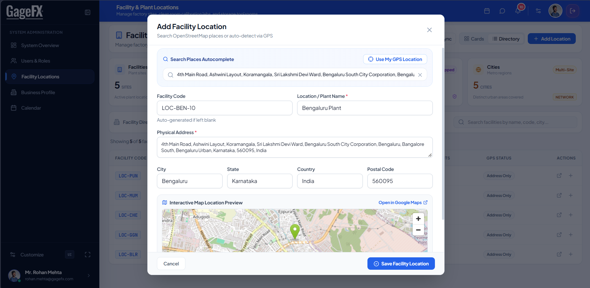 Facility Sites & GageFX Tool Crib Hierarchy